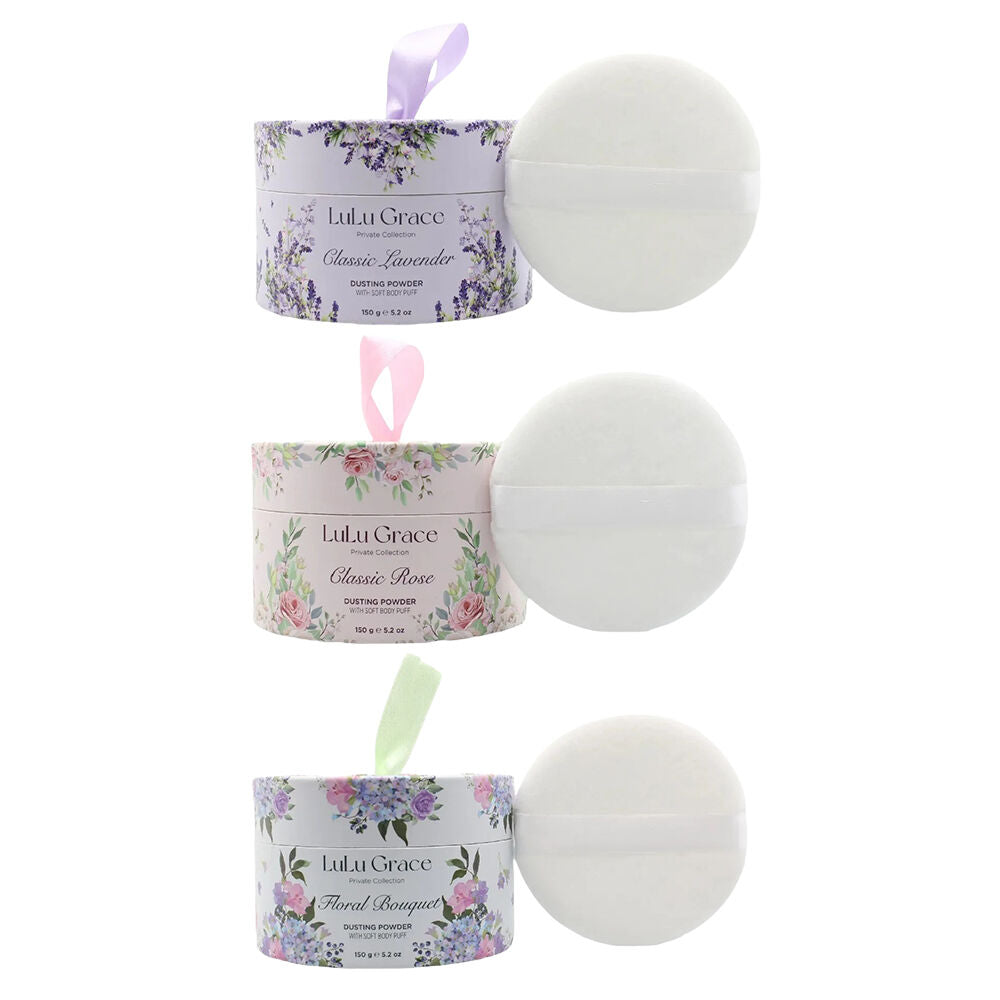 Lulu Grace Talc Free Dusting Powder Set Lavender Rose Floral with Puffer 3 x 150g