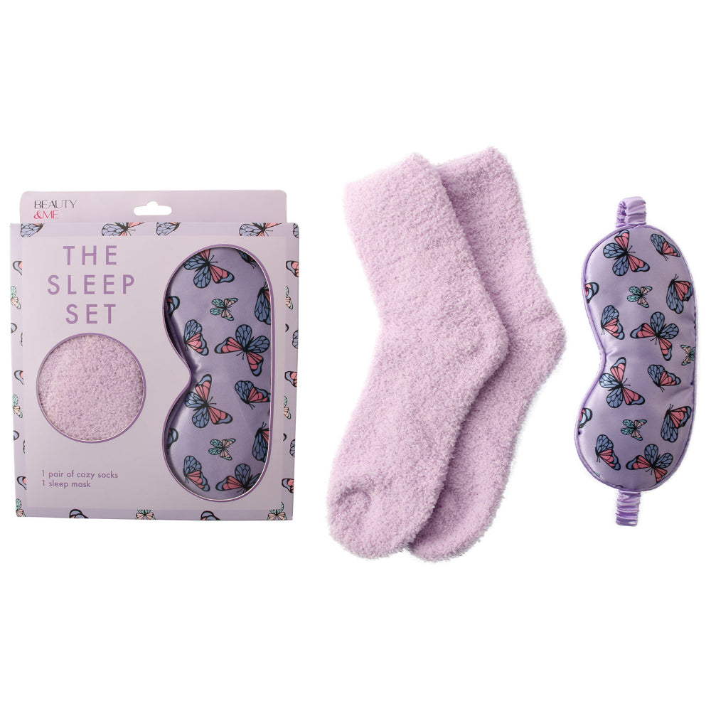 Beauty & Me Sleep Gift Set Purple Socks and Eye Mask for Travel and Home