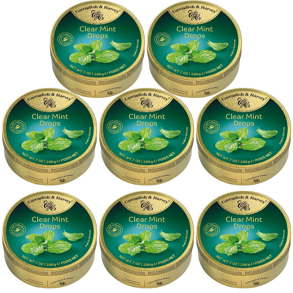 Cavendish and Harvey Clear Mint Drops 200g Tin Sweets Candy Lollies x 8