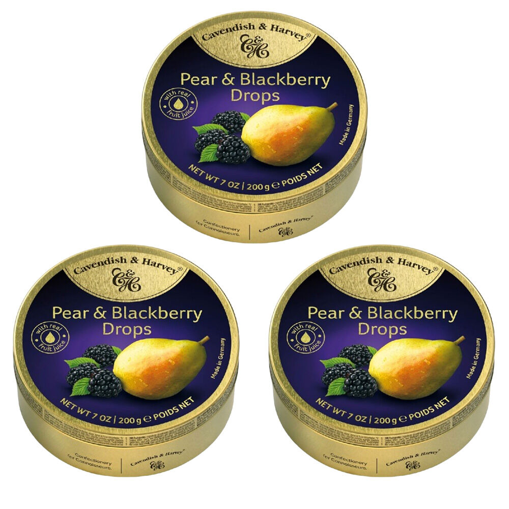 Cavendish and Harvey 3 x Pear & Blackberry Drops 200g Tin Sweets C&H Candy Lollies