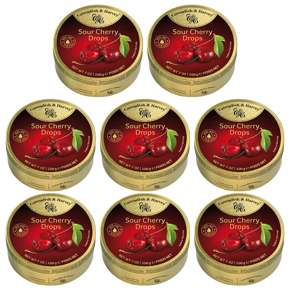 Cavendish and Harvey Sour Cherry Drops 200g Tin Sweets Candy Lollies x 8