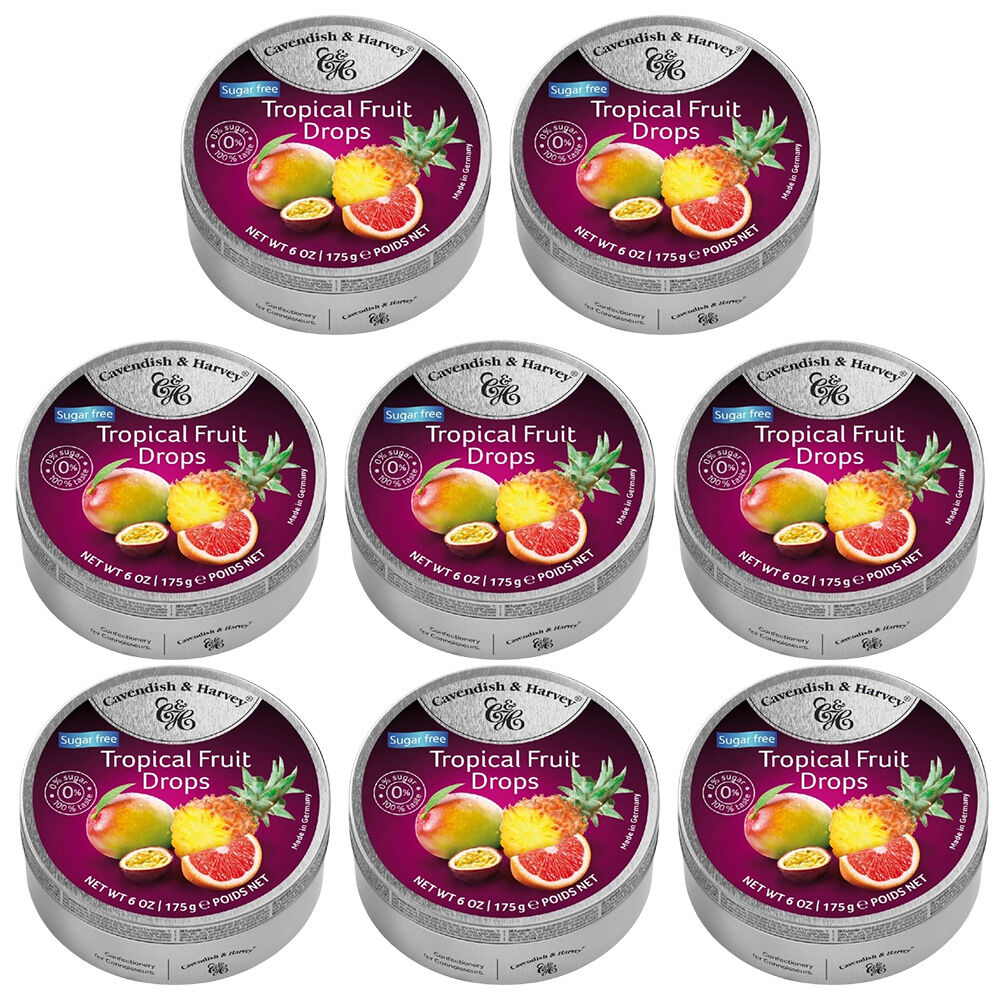 Cavendish and Harvey Tropical Fruit Drops 175g Tin Candy Lollies Sugar Free x 8
