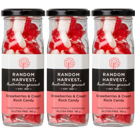 Random Harvest Strawberries and Cream Rock Candy 3 x 180g Glass Jars Gluten Free