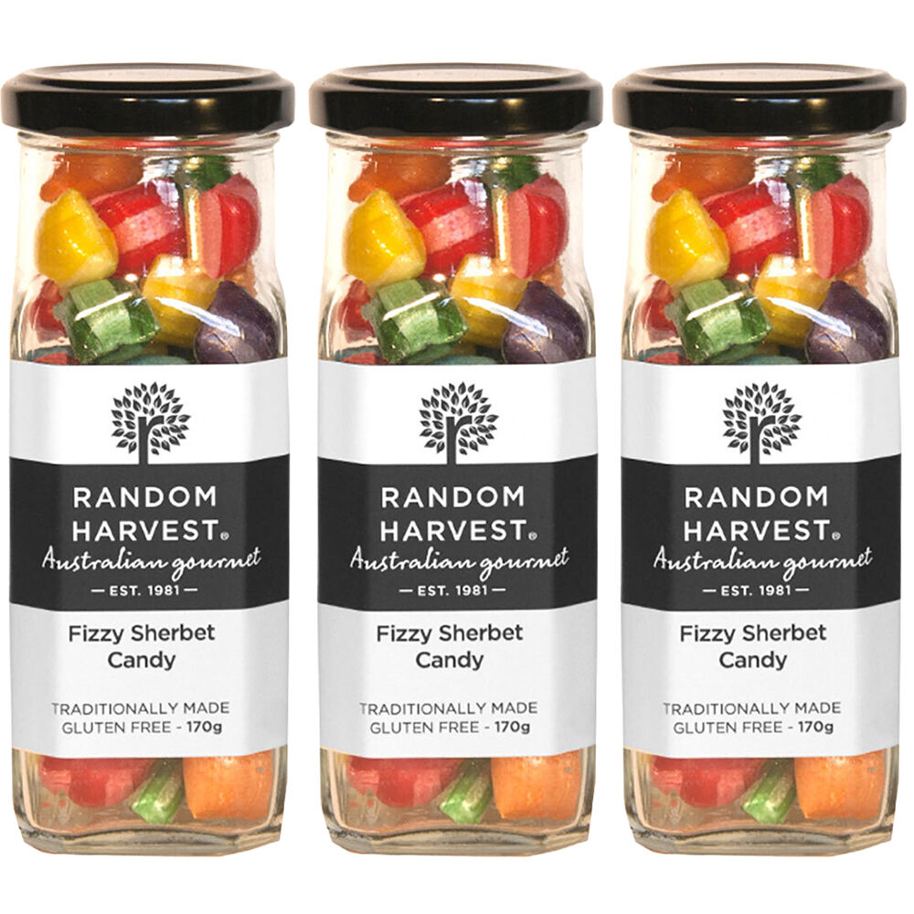 Random Harvest Fizzy Sherbet Candy 3 x 170g Glass Jars Gluten Free Vegan