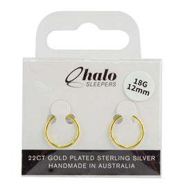 Halo Sleepers 12mm 22ct Gold Plated Sterling Silver Sleeper Earrings 18G