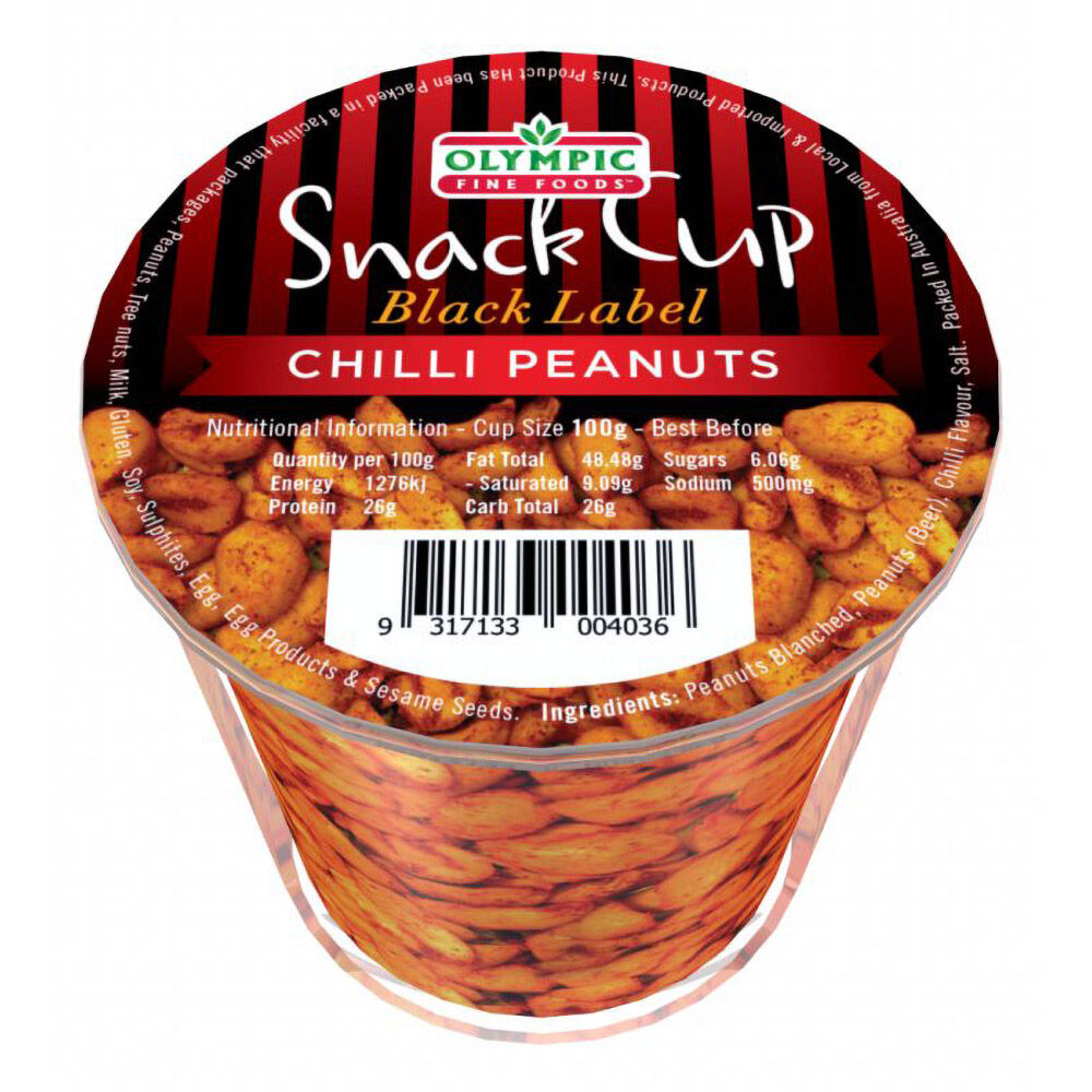 Olympic Fine Foods Chilli Peanuts Snack Cup 110g Black Label Spicy Nuts