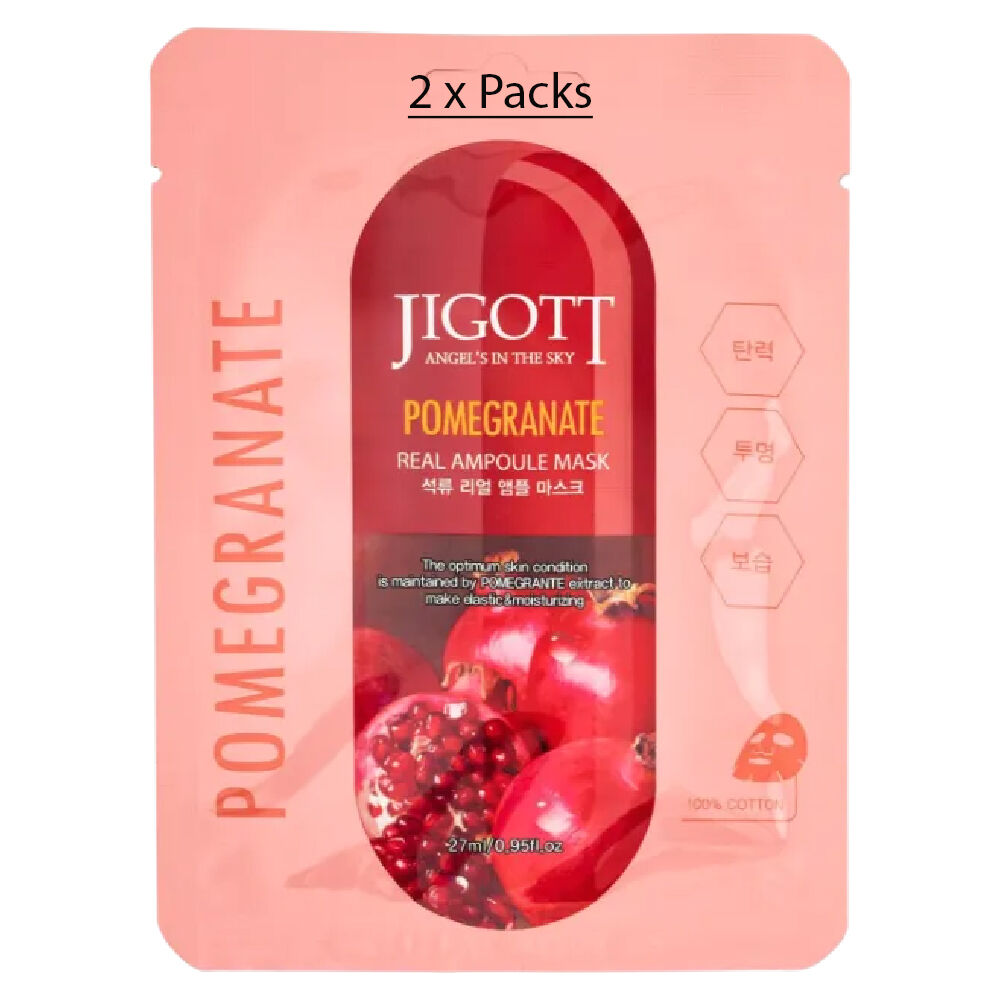 Jigott Pomegranate Extract Ampoule Sheet Mask 27ml Korean Cotton Face Mask x 2