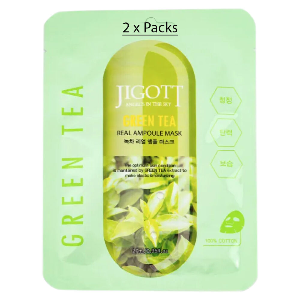 Jigott Green Tea Extract Sheet Mask 27ml Korean Cotton Hydrating Face Mask x 2