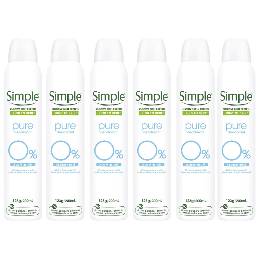 Simple Pure Deodorant Spray Aluminium Free 123g 200ml x 6 Value Pack