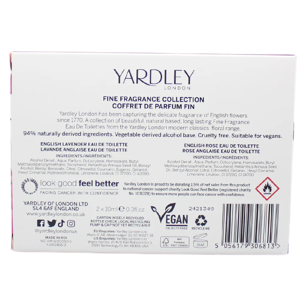 Yardley Mini EDT Gift Set 2 x 10ml Lavender and Rose Vegan Friendly Fragrance