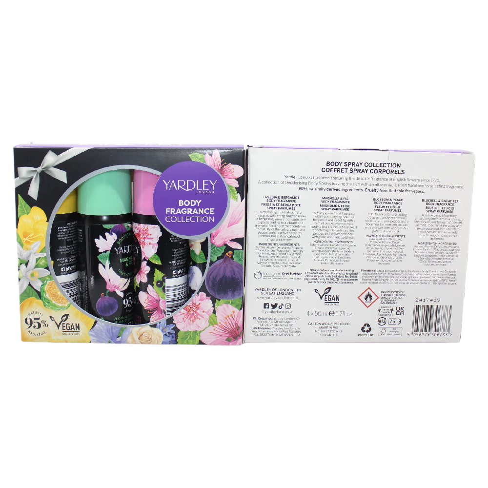 Yardley Body Spray Gift Set 4 x 50ml Freesia Magnolia Blossom Bluebell Floral
