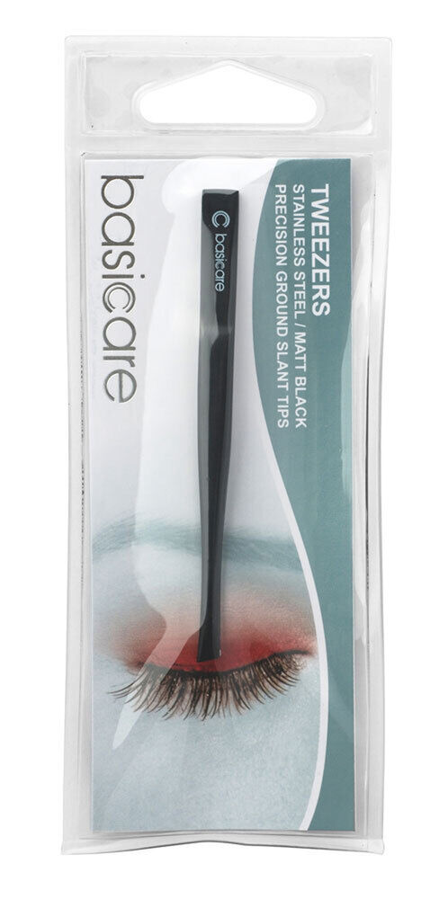 Basicare Slant Tip Matte Black Tweezers Precision Stainless Steel 8.5cm
