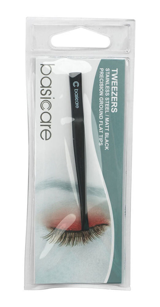Basicare Flat Tip Matte Black Tweezers Stainless Steel Precision 8.5cm