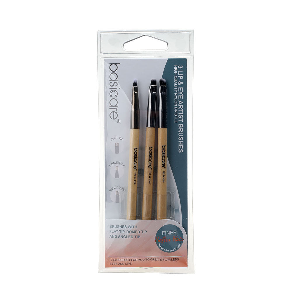 Basicare 3 Piece Lip and Eye Artist Makeup Brushes Set 13cm Nylon Bristles