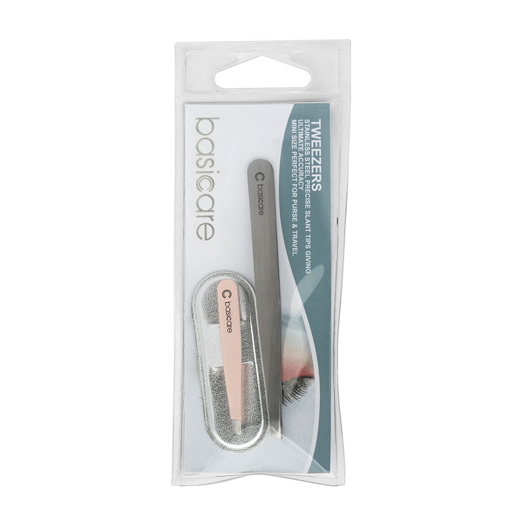 Basicare 2 Piece Tweezer Set for Eyebrow Shaping and Hair Removal