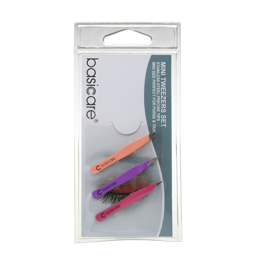 Basicare Stainless Steel Mini Tweezers Set 3pcs Precision Grooming Tools