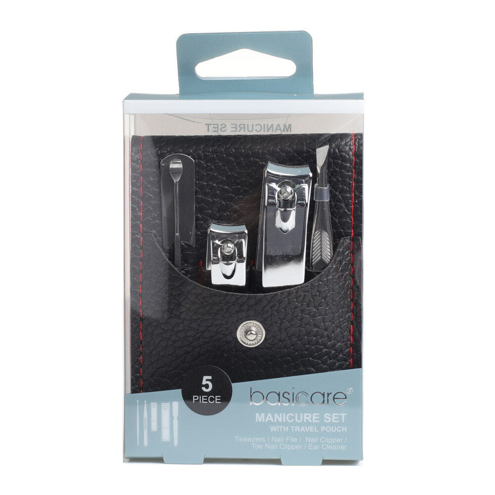 Basicare 5 Piece Manicure Set with Travel Pouch Nail and Cuticle Grooming Kit