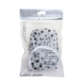 Basicare Deluxe Shower Cap Clear with Black Dots Reusable One Size Fits All