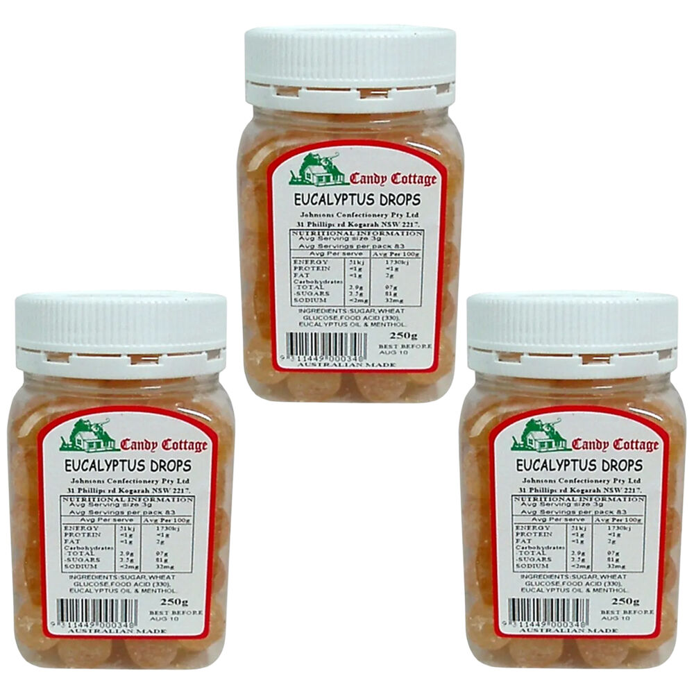 Candy Cottage Eucalyptus Drops 3 x 250g Old Style Lollies Set Australia