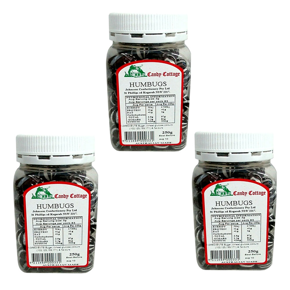 Candy Cottage Humbugs 3 x 250g Peppermint Lollies Set Made in Australia