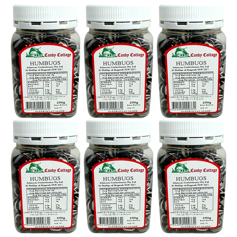 Candy Cottage Humbugs 6 x 250g Peppermint Lollies Set Made in Australia