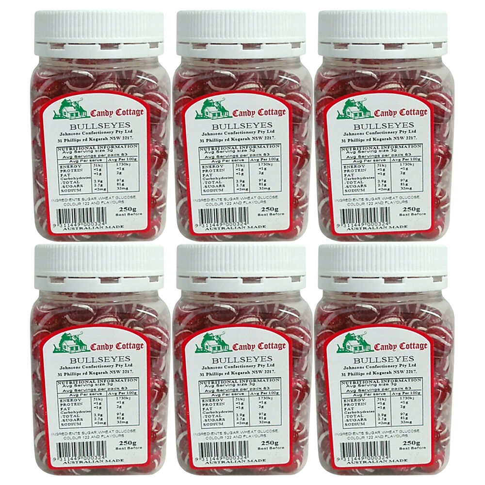 Candy Cottage Bullseyes 6 x 250g Old Style Peppermint Lollies Set