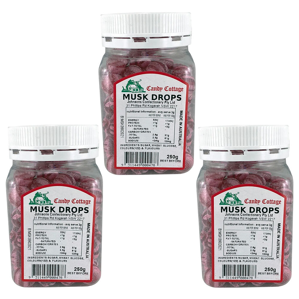 Candy Cottage Musk Drops 3 x 250g Old Style Lollies Set Australian