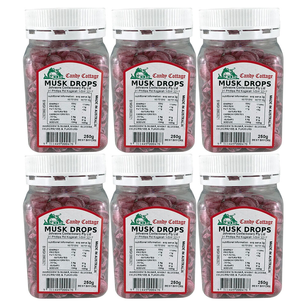 Candy Cottage Musk Drops 6 x 250g Old Style Lollies Set Australian