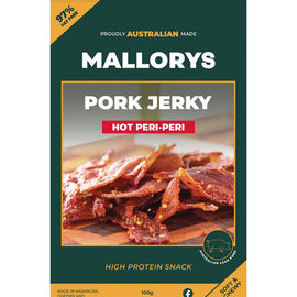 Mallorys Jerky Peri Peri Pork Jerky 100g Zesty Spicy Snack (for Human Consumption)