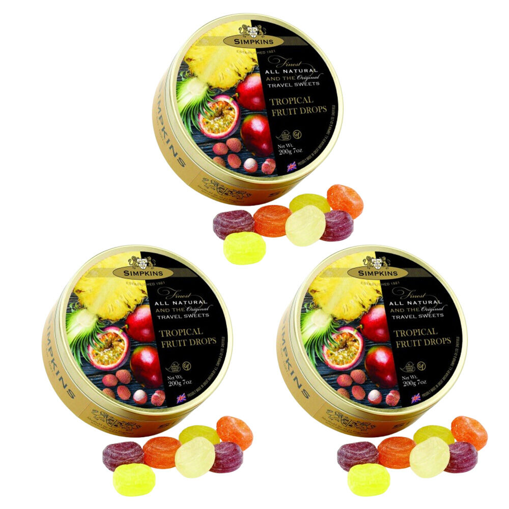 Simpkins 3 x Tropical Fruit Drops 200g Tin Sweets Candy Lollies