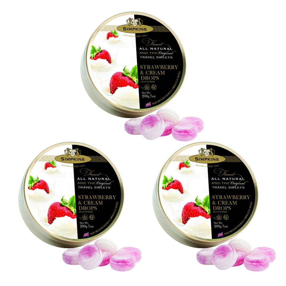 Simpkins 3 x Strawberries and Cream Drops 200g Tin Sweets Candy Lollies
