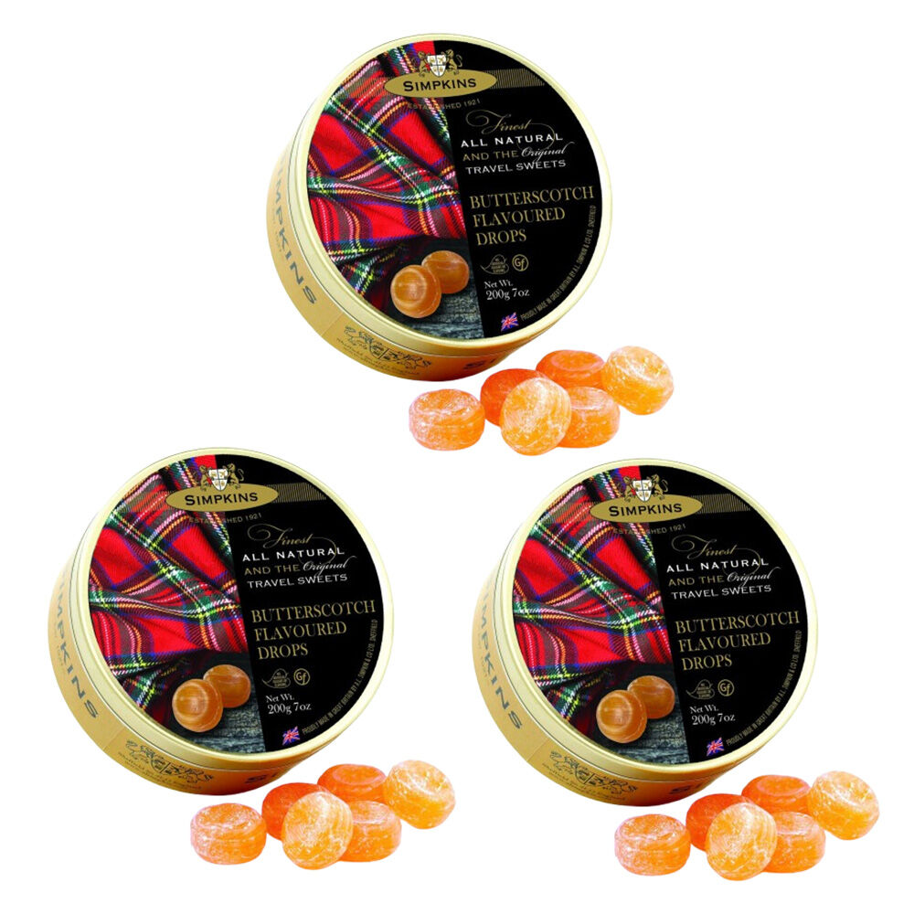 Simpkins 3 x Butterscotch Flavoured Drops 200g Tin Sweets Candy Lollies