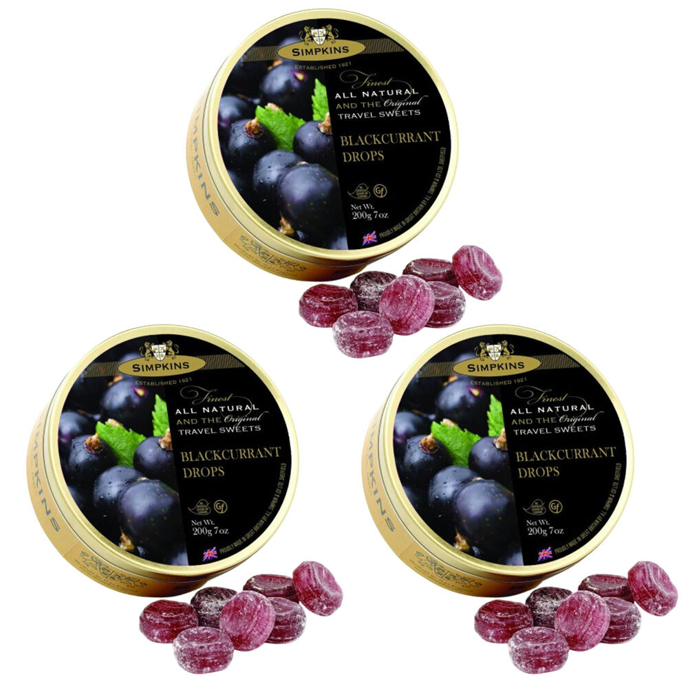 Simpkins 3 x Black Currant Drops 200g Tin Sweets Candy Lollies