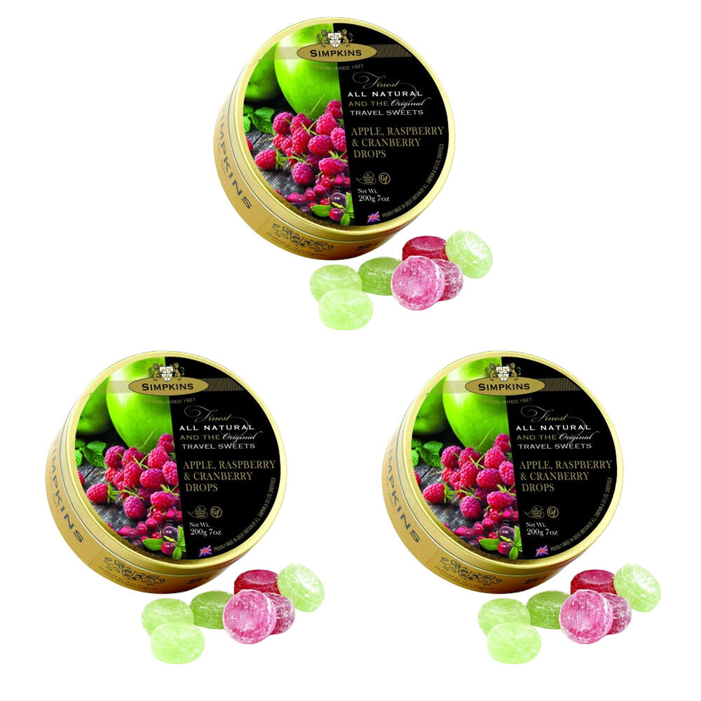 Simpkins 3 x Apple Raspberry and Cranberry Drops 200g Tin Sweets Candy Lollies