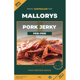 Mallorys Jerky Super Hot Peri Peri Pork 100g Zesty Fire (for Human Consumption)
