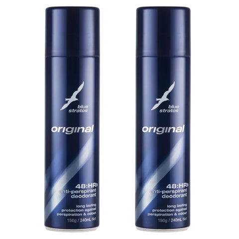Blue Stratos Deodorant Body Spray 150g 2 Pack Long Lasting Anti Perspirant