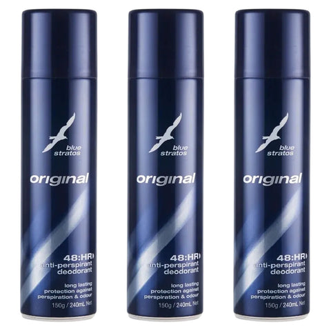 Blue Stratos Deodorant Body Spray 150g 3 Pack Long Lasting Anti Perspirant