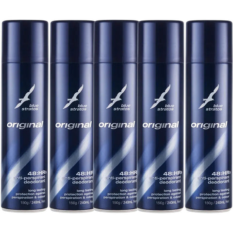 Blue Stratos Deodorant Body Spray 150g 5 Pack Long Lasting Anti Perspirant