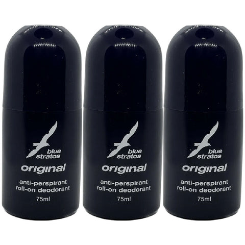 Blue Stratos Roll On Deodorant 75ml 3 Pack Set Anti Perspirant for Men
