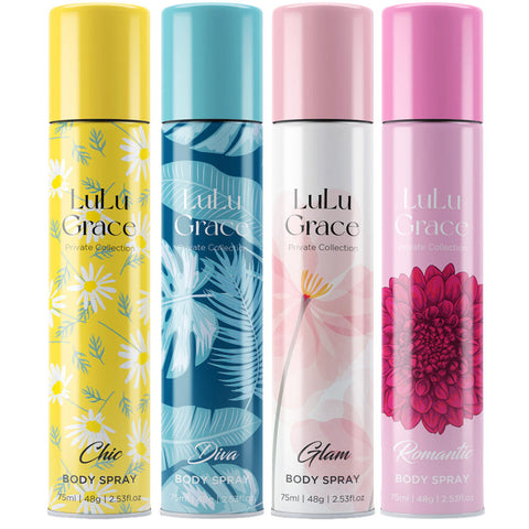 Lulu Grace 4 x 75ml Body Spray Value Pack Chic Diva Glam Romantic