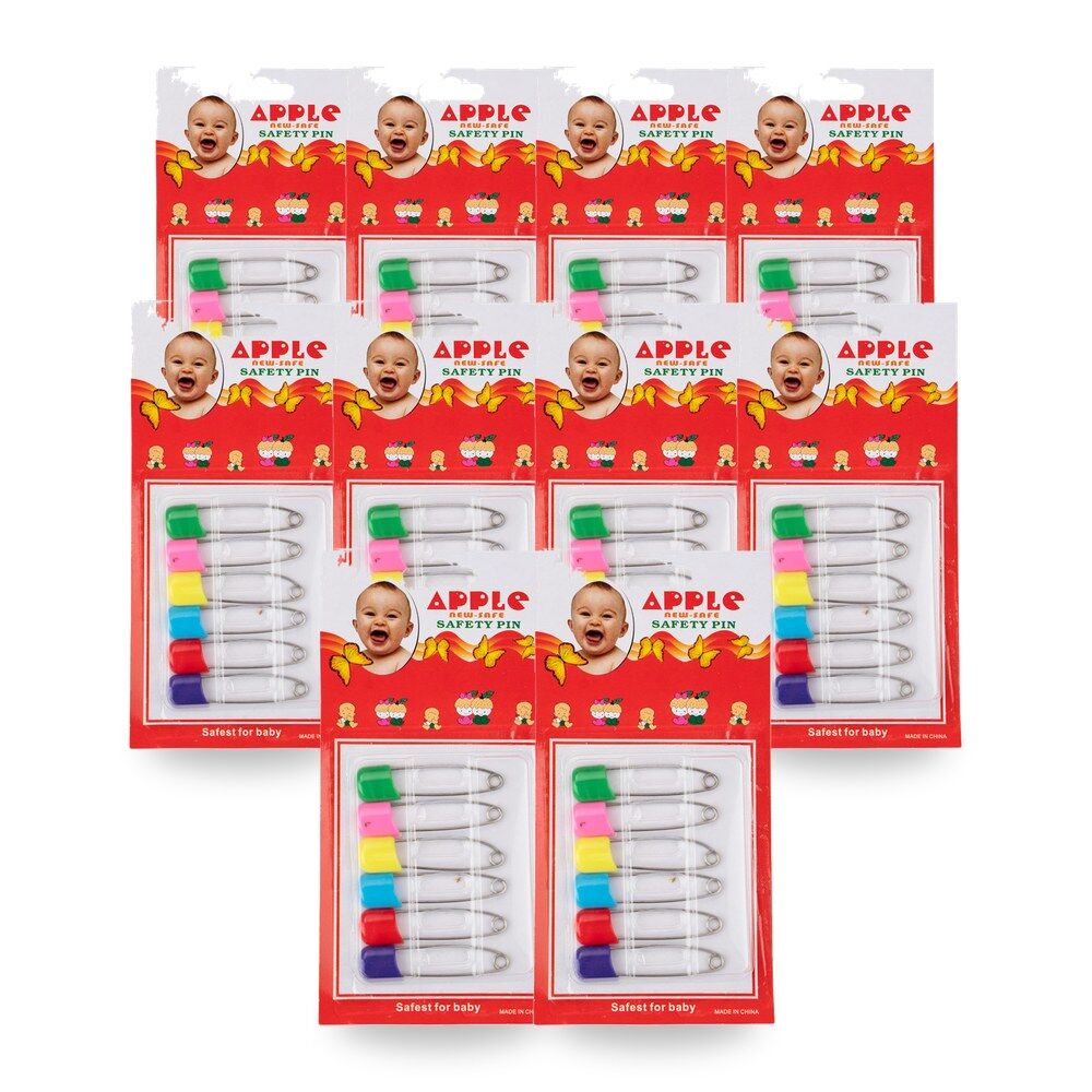 Baby & Me Safety Nappy Pins 6 Pack Stainless Steel Assorted - Random Colour Supplied Bundle of 10
