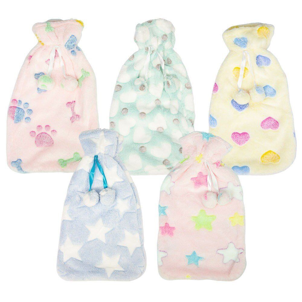 Health & Beauty Plush Pom Pom Hot Water Bottle Cover Assorted Prints - Random Design Supplied Pack of 2