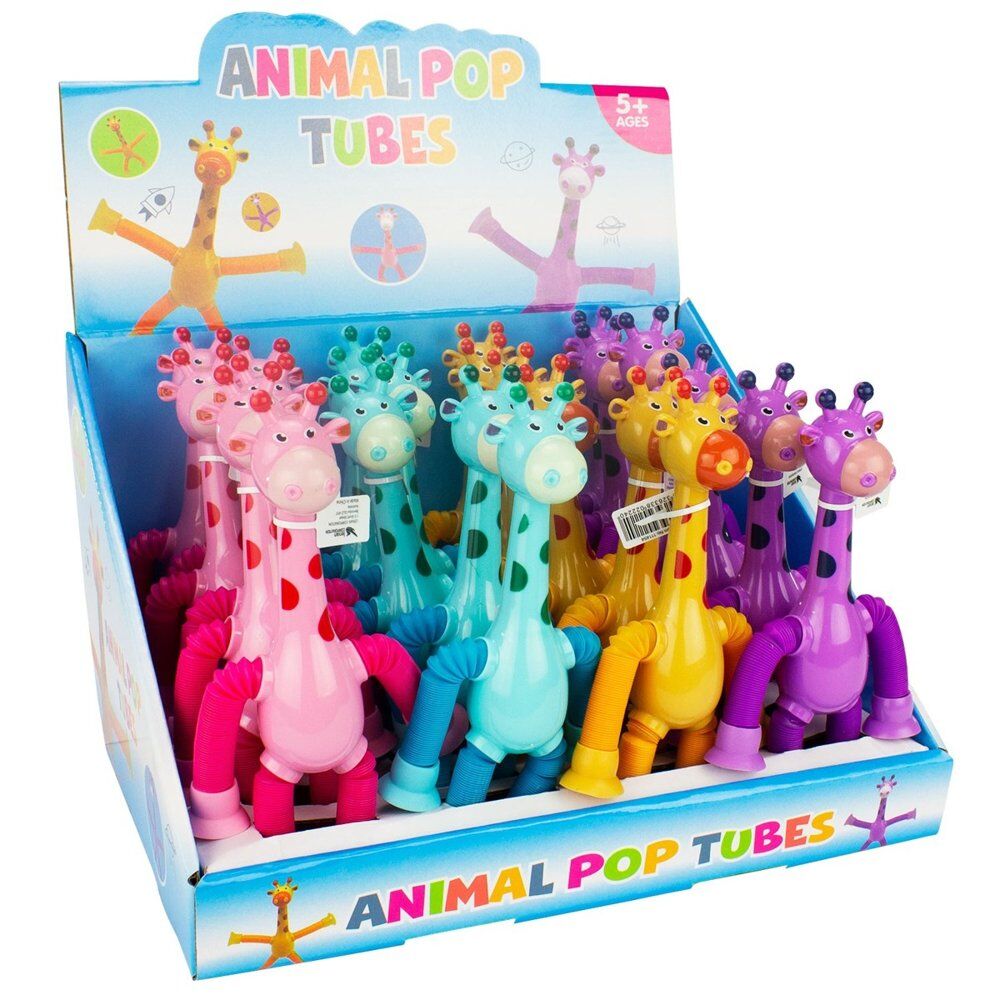 Animal Pop Tubes Giraffe Fidget Toy Assorted Colours Counter Display of 24 Bundle of 5