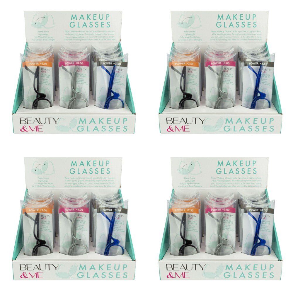 Beauty & Me Magnifying Makeup Glasses Counter Display of 12 (4 x +2.50, 4 x +3.00, 4 x +3.50) Bundle of 4