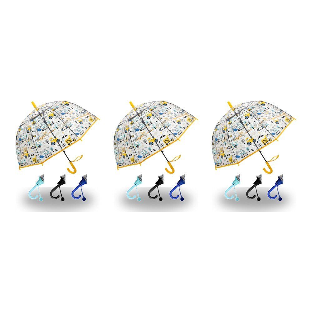 Kids Clear Dome Umbrella Construction Vehicles Print - Random Colour Supplied Pack of 3