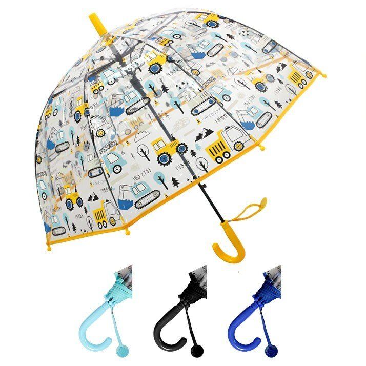 Kids Clear Dome Umbrella Construction Vehicles Print - Random Colour Supplied Pack of 6