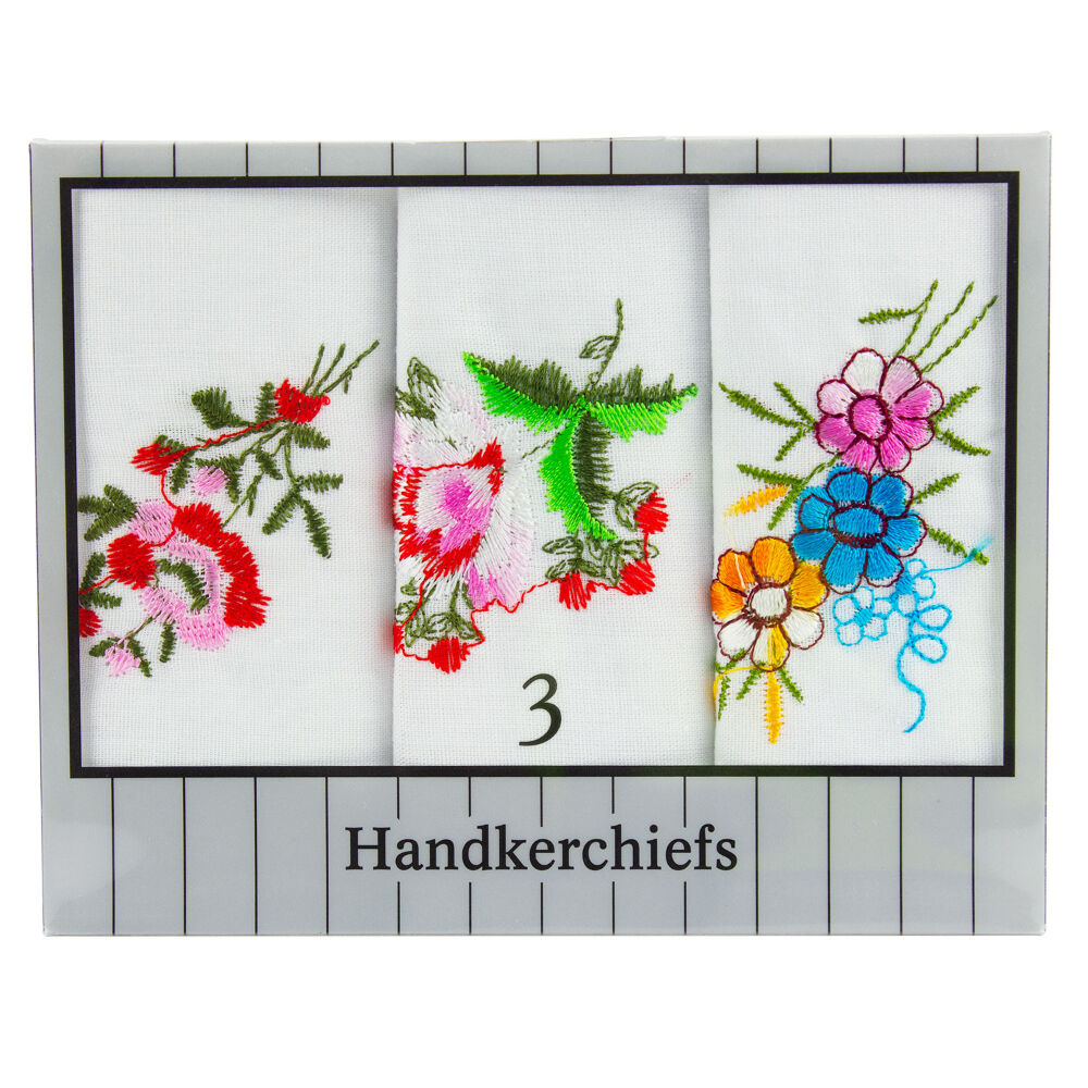 Ladies Embroidered Handkerchiefs 3 Pack Assorted Cotton