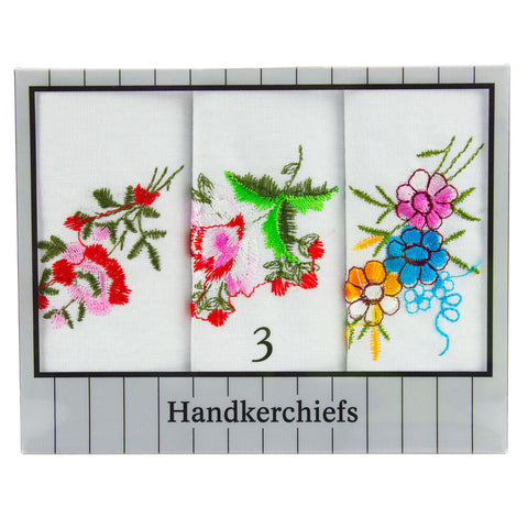 Ladies Embroidered Handkerchiefs 3 Pack Assorted Cotton