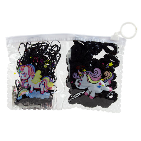 Elastic Hair Bands 140 Pack  Black Styles in Unicorn Zip Travel Pouch