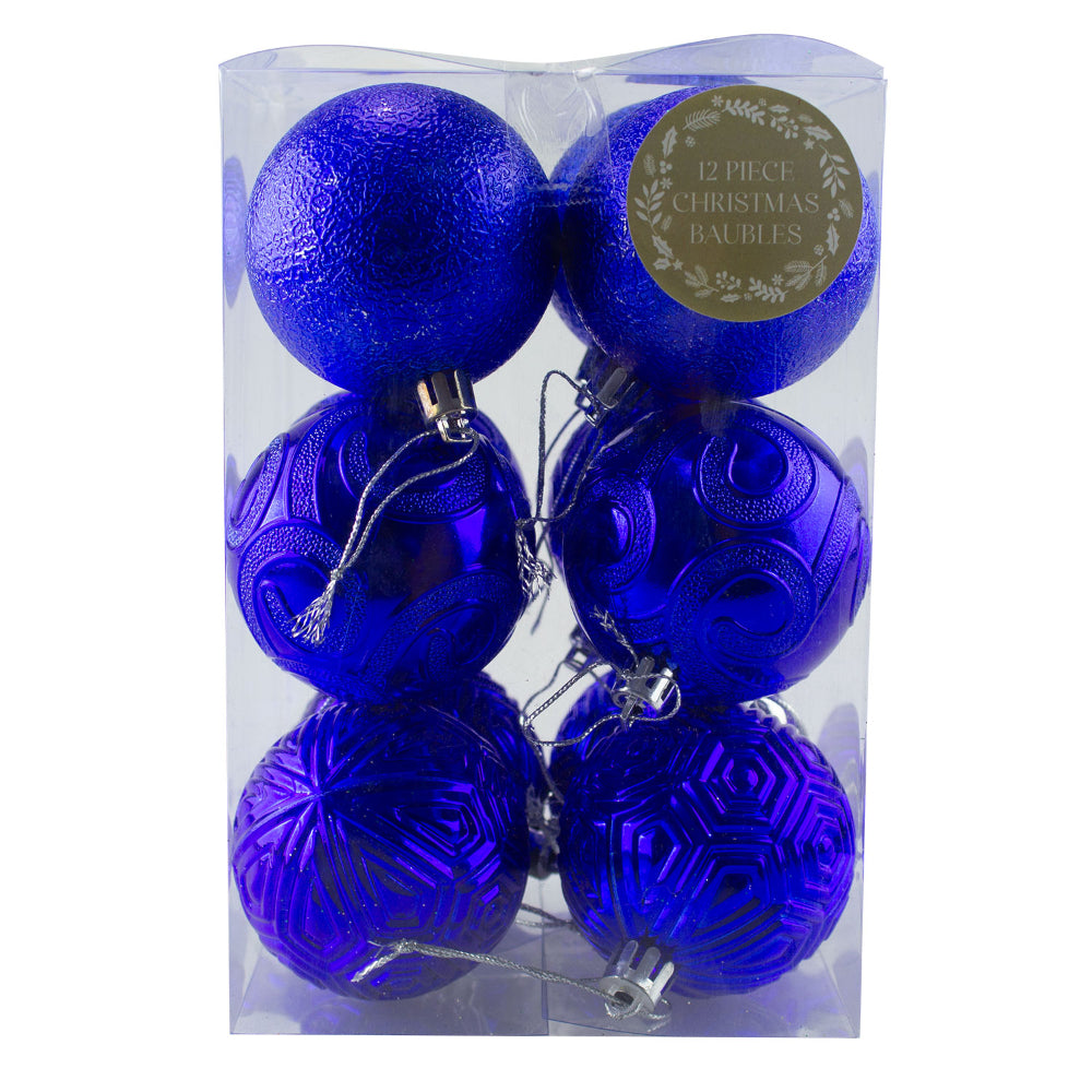 Christmas Tree Ornament Blue Baubles 12 Piece Set Different Pattern Design